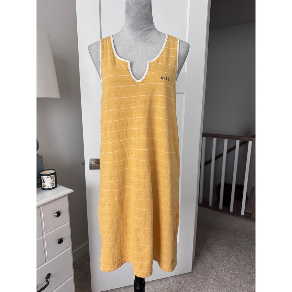 Roxy Womens Yellow Striped Notched Neck Sleeveless Knit Shift Dress Size Medium